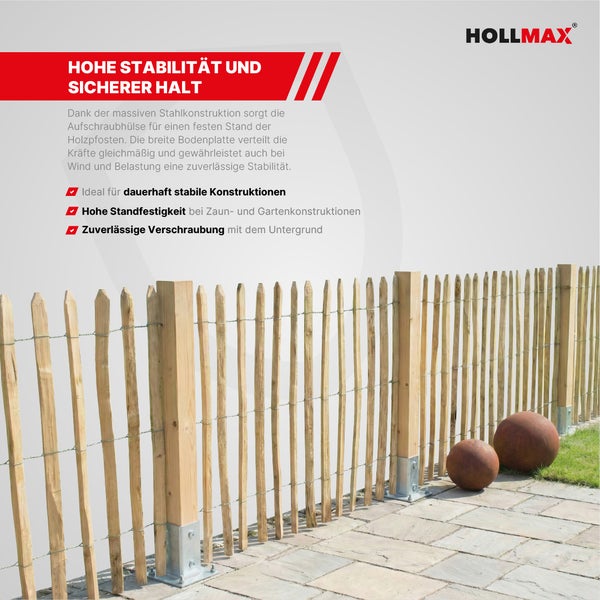 Hollmax Logo. Staketenzaun mit Holzpfosten, befestigt mit Aufschraubhülsen auf Steinplatten. Hohe Stabilität für Zaunkonstruktionen.