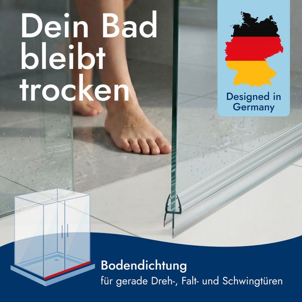Bodendichtung für gläserne Duschdreh-, Falt- und Schwingtüren sorgt für einen trockenen Badezimmerboden. Siegel Entworfen in Deutschland.