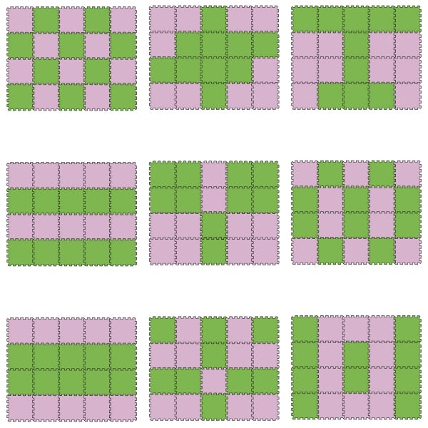 Neun verschiedene Verlegemuster für ineinandergreifende Schaumstoff-Bodenmatten in Grün und Violett.