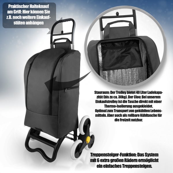 BigDean Einkaufstrolley mit Treppensteiger-Funktion, Kühlfach & 6 großen Rädern - 40L faltbar schwarz - Einkaufswagen Einkaufsroller Kühltasche Einkaufstasche Treppensteiger