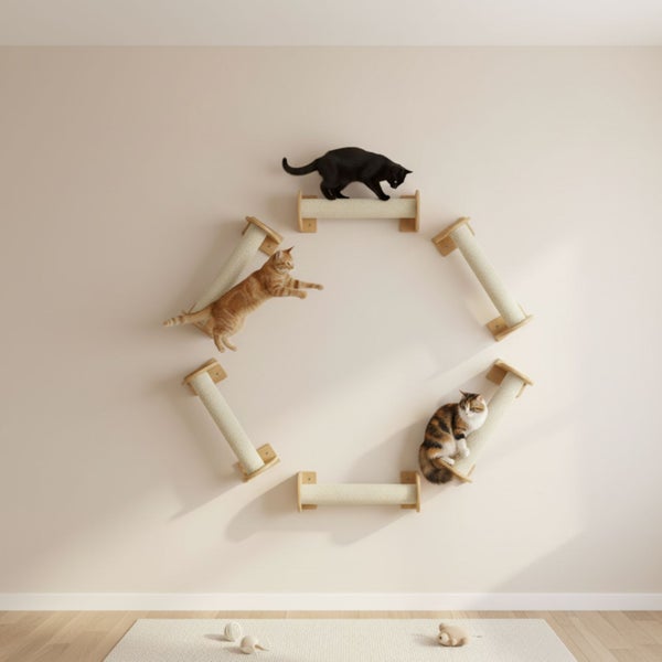 Wandmontiertes Katzenkletterset aus Sisalkratzstämmen in sechseckiger Anordnung mit drei Katzen in einer hellen Wohnumgebung