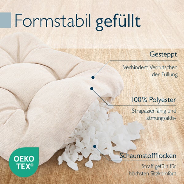 Formstabiles Kissen gefüllt mit Schaumstoffflocken und Oeko-Tex Siegel