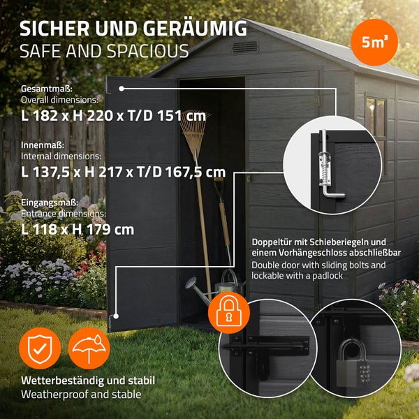 Gerätehaus mit 5 Quadratmeter Volumen, Doppeltür mit Schieberiegel und Vorhängeschloss, wetterfest und stabil mit angegebenen Außenmaßen.