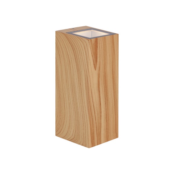 Moderne rechteckige Wandleuchte aus Holz mit integrierter Lichtquelle an der Oberseite.