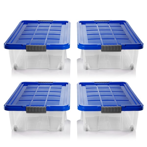 BigDean 4x Unterbettkommode Aufbewahrungsbox mit Deckel 25L azurblau 60x40x17,5cm - mit Rollen + Clipverschluss nestbar - Eurobox Aufbewahrungsbox Storage Box Bettkasten - Made in Germany