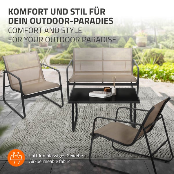 ML-Design Gartenmöbel Set 4-tlg, Taupe, Balkonmöbel aus Stahl & Textilene für 4 Personen, Garten Sitzgruppe mit Glastisch, Sofa und 2 Sesseln, wetterfest, Gartengarnitur Outdoor für Balkon, Terrasse