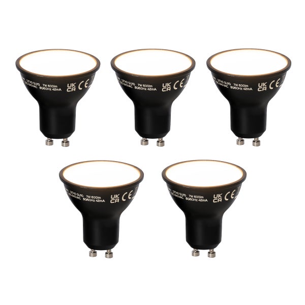 Fünf GU10 LED-Leuchtmittel mit 7 Watt und 600 Lumen, schwarzes Gehäuse.