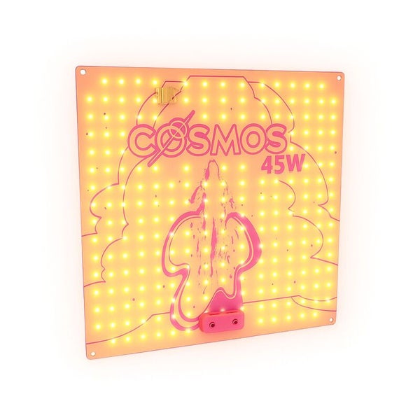 Quadratisches, rosafarbenes LED-Pflanzenlicht-Panel Cosmos mit 45 Watt Leistung und zahlreichen kleinen Leuchtdioden.