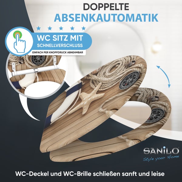 Sanilo WC-Sitz mit Absenkautomatik und Schnellverschluss, maritimes Design mit Seestern, Kompass und Holzoptik. Sanilo Logo.