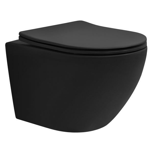 LuxeBath Wand WC Spülrandlos Schwarz matt kurz 49cm, Tornadospülung, Tiefspüler Keramik Hänge WC, Toilette ohne Spülrand, Softclose-Klodeckel abnehmbar, Kloschüssel Hängend mit WC-Sitz Absenkautomatik