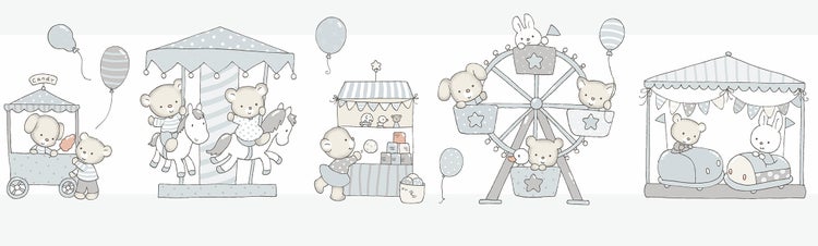 Illustration eines Jahrmarkts mit Karussell, Riesenrad und Süßigkeitenstand
