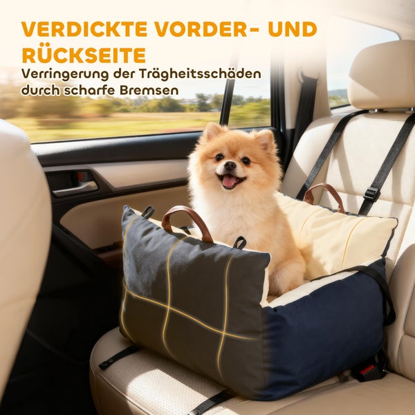 Autositz für Hunde mit dicker Polsterung an Vorder- und Rückseite für Sicherheit bei Bremsvorgängen im Auto.