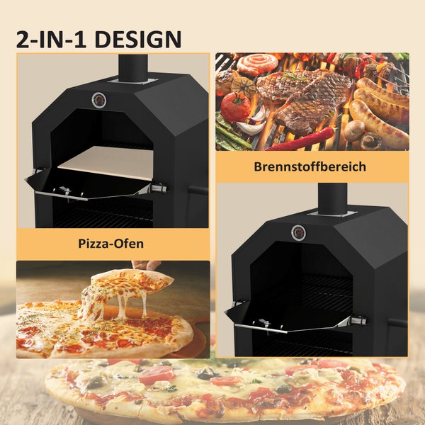 2-in-1 Pizzaofen und Grill aus Metall mit integriertem Thermometer, Pizzastein und Grillrost für die Zubereitung von Pizza, Fleisch und Gemüse.