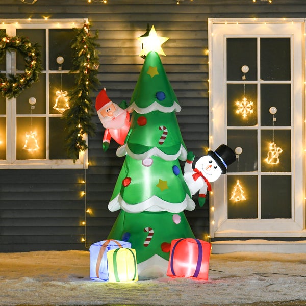 HOMCOM Aufblasbarer Weihnachtsbaum mit Weihnachtsmann, Schneemann und Geschenkbox, 144 x 125 x 210 cm, Polyester, Grün