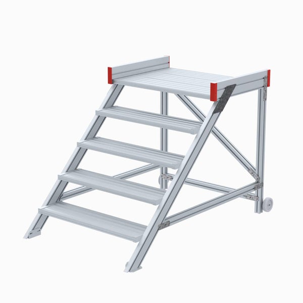 Fahrbare Podesttreppe aus Aluminium mit fünf Stufen und großer Standfläche für sicheres Arbeiten in der Höhe.