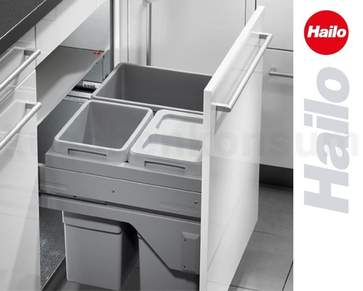 Hailo Logo und ausziehbares Abfalltrennsystem für Küchenschränke mit drei Kunststoffbehältern in verschiedenen Größen.