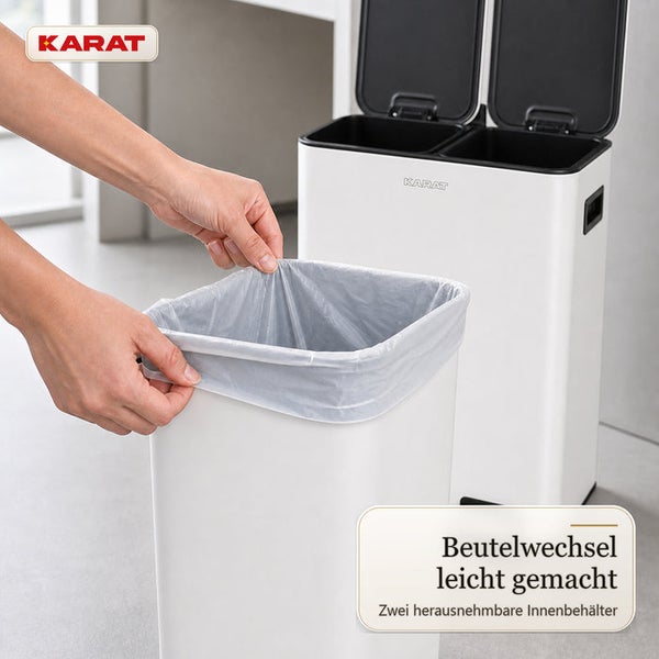Karat Mülltrennsystem mit zwei herausnehmbaren Inneneimern und Händen beim Einsetzen eines Müllbeutels in einen Eimer.