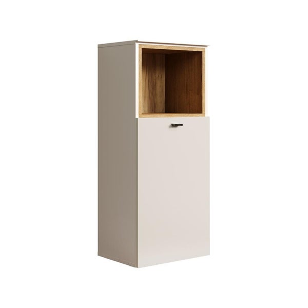 Ein Hochschrank für das Badezimmer mit einem offenen Fach und einem geschlossenen Schrankteil mit Tür und einem Griff.