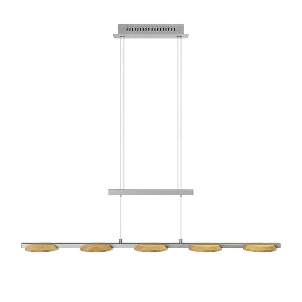 Moderne LED Pendelleuchte aus Metall und Holz für den Esstisch mit fünf Lichtquellen