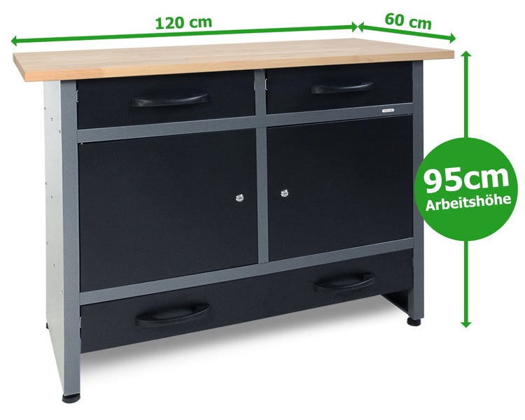 Ondis24 Werkstatt Set Werner Plus 120 cm 2 Schränke, Werkstatteinrichtung, Werkbank