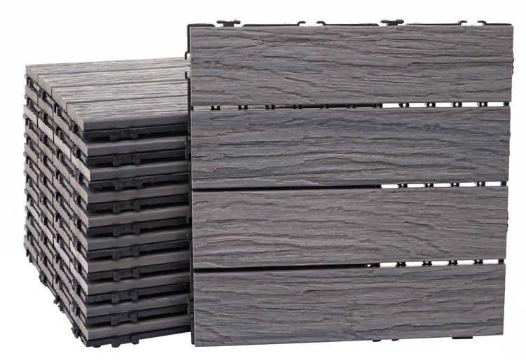 Graue Terrassenfliesen aus Holz-Kunststoff-Verbundwerkstoff mit Holzstruktur und Klicksystem für Balkon und Terrasse.