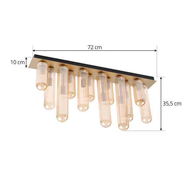 Deckenleuchte mit bernsteinfarbenen Glaszylindern, Länge 72 Zentimeter, Breite 10 Zentimeter, Höhe 35,5 Zentimeter.