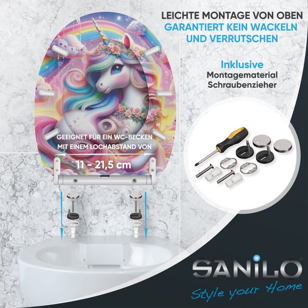 Toilettensitz mit Einhorn Motiv von Sanilo inklusive Montagematerial und Schraubendreher für einfache Montage von oben auf Standard WC Becken.