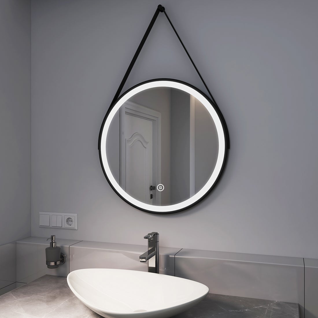 EMKE Badspiegel mit Beleuchtung Schwarz Rahmen und Riemen ф60cm, Kaltweißes Licht,Dimmbar