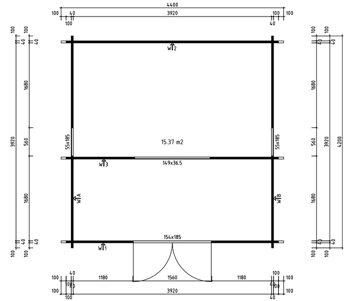Maßzeichnung für Gartenhaus mit einer Grundfläche von 15,37 Quadratmetern inklusive Türen und Wandmaßen.
