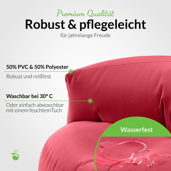 Information about premium quality, robustness, easy care, composition, washability at 30 degrees and water resistance
