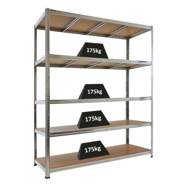 Schwerlastregal aus verzinktem Metall mit 5 Holzböden, Traglast 175 Kilogramm pro Boden.