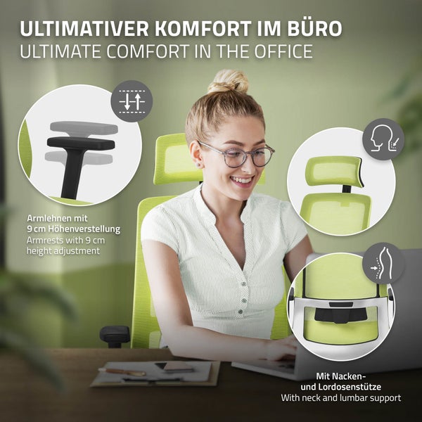 ML-Design Bürostuhl ergonomisch, Grün, Mesh, Schreibtischstuhl mit Verstellbarer Kopfstütze, Armlehnen, Lendenwirbelstütze, Wippfunktion, Drehstuhl mit Rollen, Computerstuhl Chefsessel Gaming Stuhl