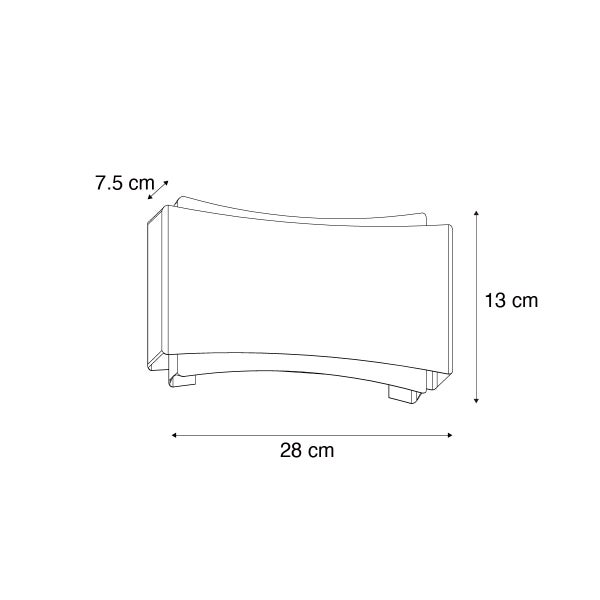 Technische Zeichnung einer Wandleuchte mit den Maßen 7,5 cm Tiefe, 13 cm Höhe und 28 cm Breite.