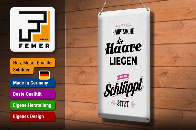Blechschild Spruch Hauptsache Haare liegen Schlüppi 20x30cm
