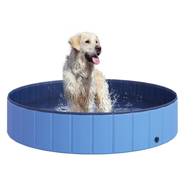 PawHut Hundebadewanne faltbar Badewanne Hundepool Plantschbecken Swimmingpool Wasserbecken für Hunde und Katzen Schwimmbecken Kunststoff+Holz Blau Ø140 x H30 cm