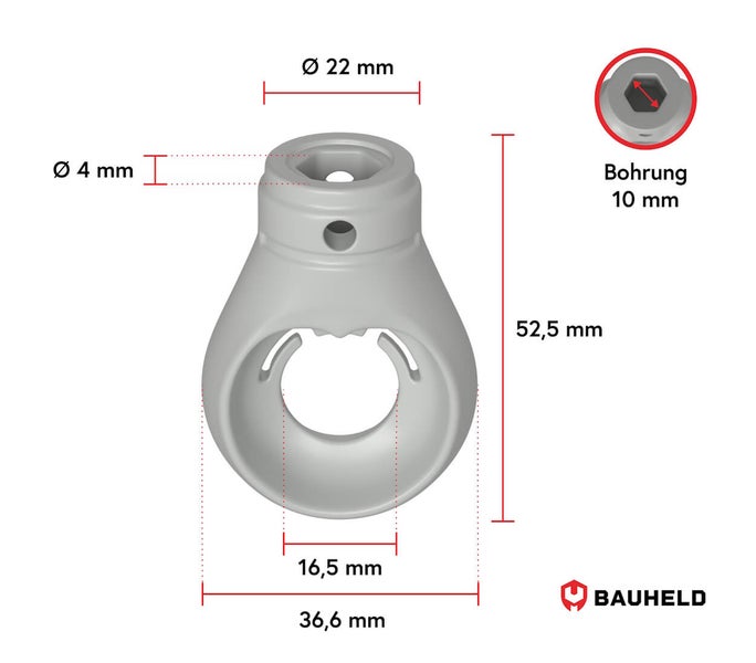 Technische Zeichnung eines Bauteils mit Maßangaben und Bauheld Logo