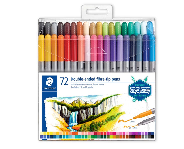 Staedtler Doppelfasermaler Set mit 72 Farben in einer transparenten Kunststoffbox.