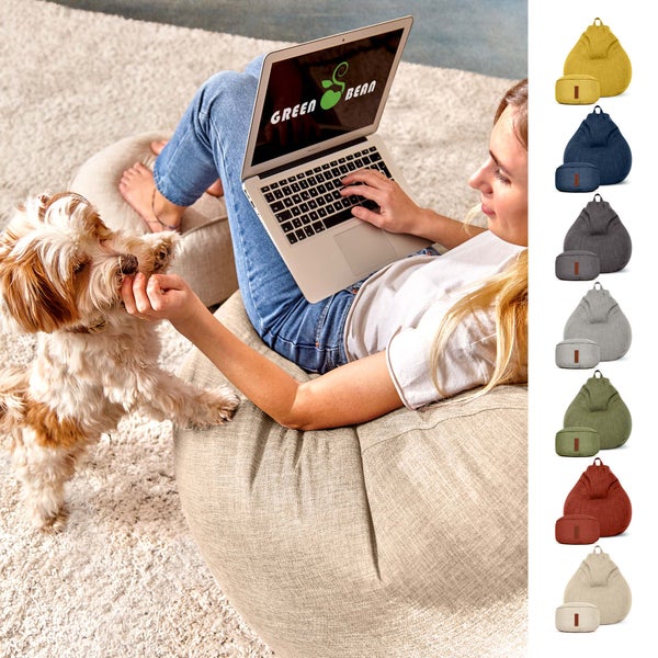 Green Bean 2er Set Indoor XXL Sitzsack + Hocker mit EPS-Perlen Füllung - Fußhocker Fußkissen Sitz-Pouf Bodenkissen Liegekissen Sitzkissen Lounge Chair Sitzhocker Relax-Sessel Bean Bag Sand Creme