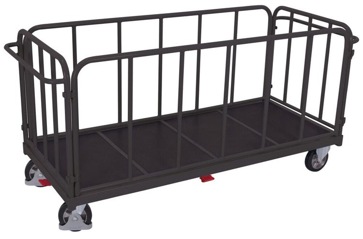 Paketwagen mit vier Gitterwänden aus Stahlrohr, Boden aus Holzwerkstoffplatte, zwei Lenkrollen mit Feststeller und zwei Bockrollen.