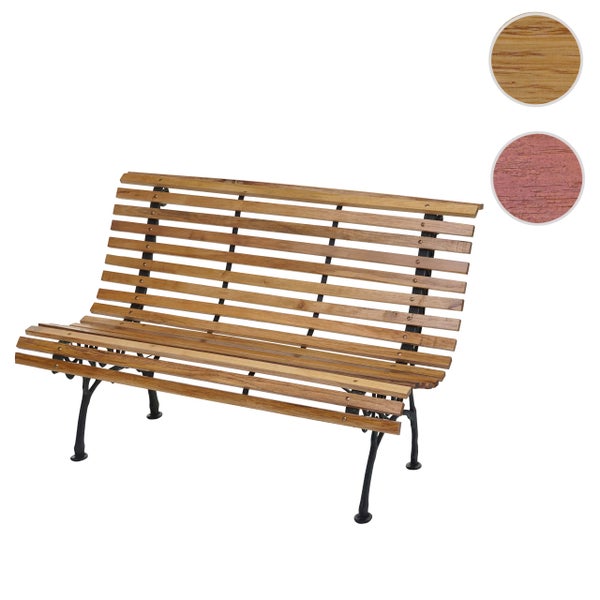 Gartenbank mit Holzlatten und schwarzem Metallgestell sowie Materialproben für verschiedene Holzvarianten.