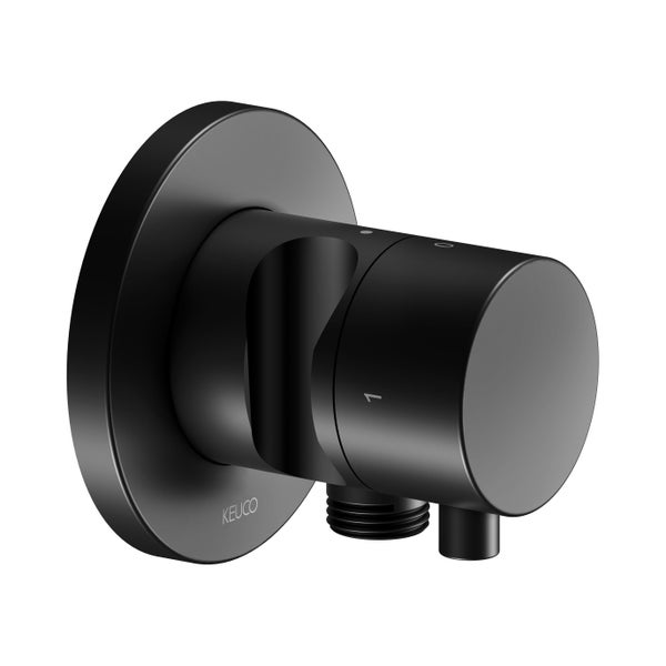 Keuco Unterputz-Mischbatterie mit integriertem Brausehalter in Schwarz matt.