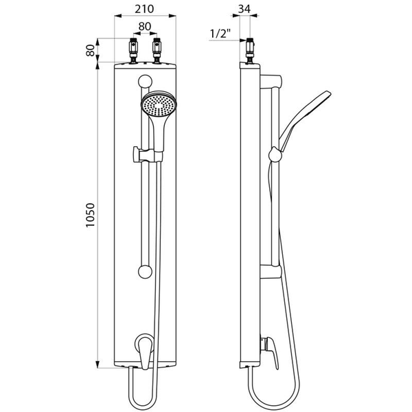 Maßzeichnung eines Duschpaneels mit Handbrause, Höhe 1050 Millimeter, Breite 210 Millimeter, Anschlüsse 1/2 Zoll.