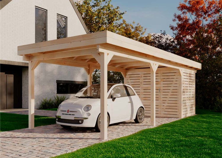 Carport aus Holz mit angrenzendem Geräteschuppen und parkendem Auto.