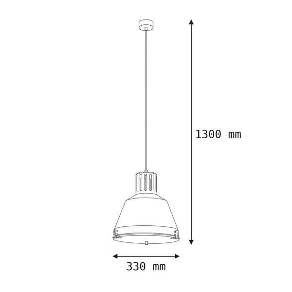 Maßskizze einer Pendelleuchte mit einer Gesamthöhe von 1300 Millimeter und einer Breite von 330 Millimeter.