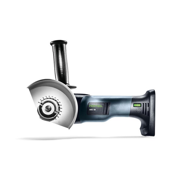 Festool Akku-Winkelschleifer AGC 18 mit Vibrastop-Zusatzhandgriff und Schutzhaube.