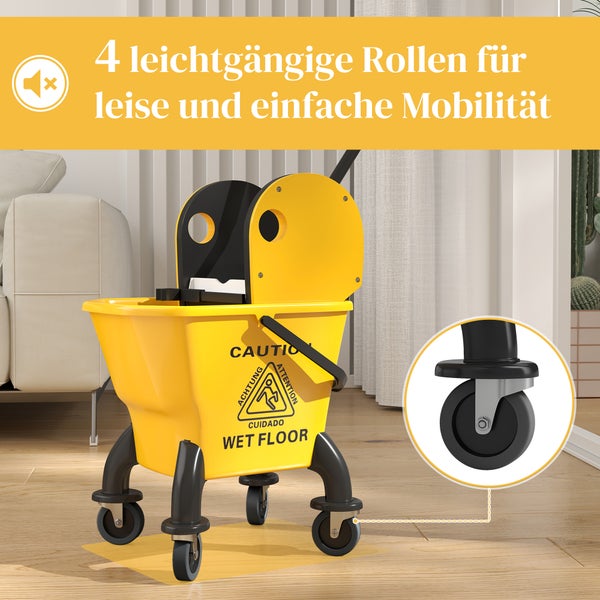HOMCOM Putzwagen Reinigungswagen 26 Liter Eimer mit Presse, Wischwagen mit Griff und Mopp für Gebäudereinigung Gelb