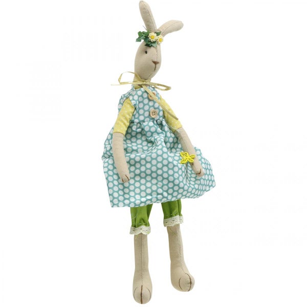 Dekorativer Stoffhase mit Kleid und Blumenkranz