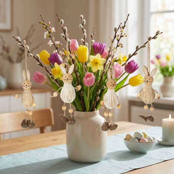 Vier hängende Osterhasen aus Holz und Naturfasern als dekorativer Osterschmuck an einem Strauß aus Weidenzweigen und bunten Frühlingsblumen.