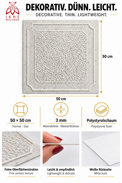 Quadratische Dekordecke aus Polystyrolschaum mit Struktur, 50 mal 50 Zentimeter und 3 Millimeter Dicke mit feiner Oberflächenstruktur.