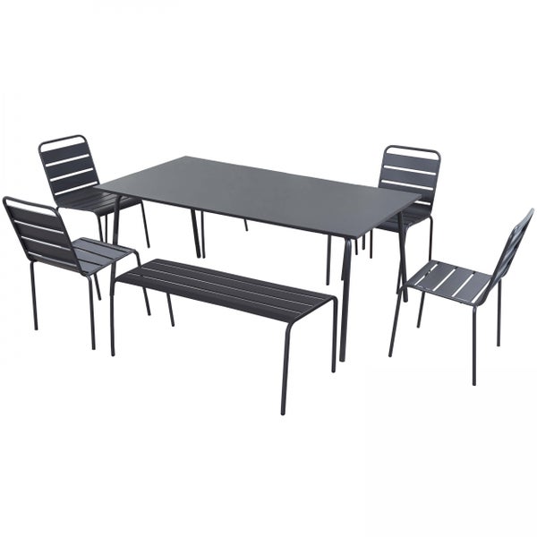 Gartenmöbel-Set aus Metall bestehend aus einem rechteckigen Tisch, vier Stühlen und einer Sitzbank in Anthrazit.